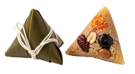 Isolated zongzi, a traditional Chinese rice dumpling, shown unwrapped and wrapped in leaves