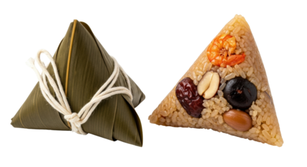 Isolated zongzi, a traditional Chinese rice dumpling, shown unwrapped and wrapped in leaves