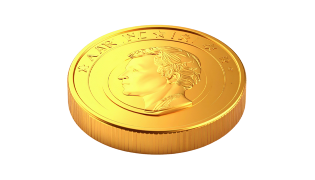 Shiny gold coin with raised profile, inscription, and intricate detail on a black background