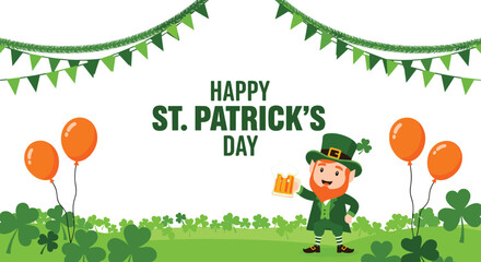 Happy st patricks day celebration with leprechaun and clover decorations.