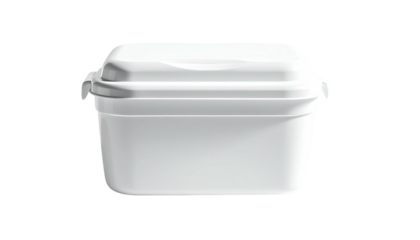 A white, rectangular container with a curved lid and clasp, set against black