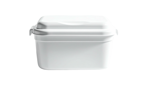A white, rectangular container with a curved lid and clasp, set against black