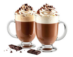 Two mugs of hot chocolate, topped with whipped cream and chocolate shavings, sit side-by-side.  Dark chocolate pieces are scattered around