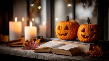 Obraz premium atmospheric photo of halloween pumpkin in autumn forest. pumpkin. halloween. autumn atmosphere