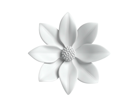 A perfectly symmetrical, stylized white flower with detailed petals, on black background