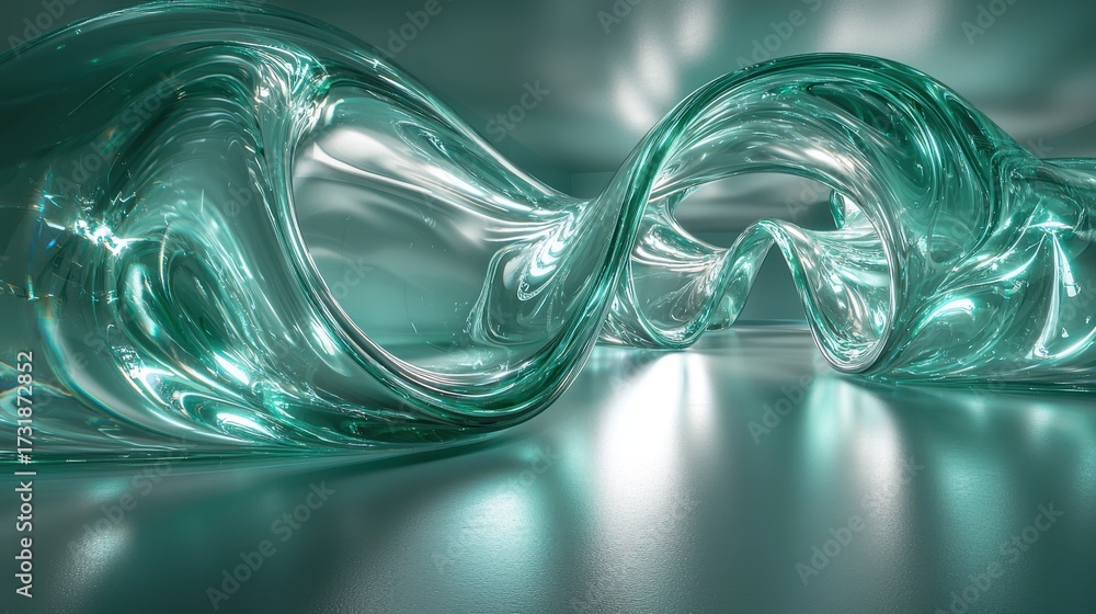 Wall mural optical diffraction effects creating fluid glass wave patterns with emerald refractions and transluc