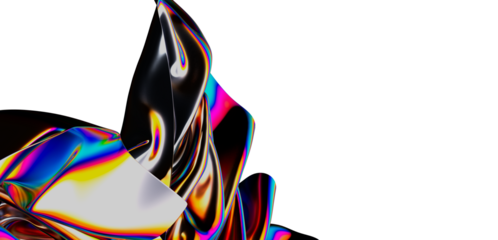 Vibrant abstract artwork featuring a flowing, holographic fabric with a rainbow of colors, showcasing texture and light effects.