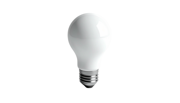 A bright white lightbulb on a black background, showcasing its shape and features