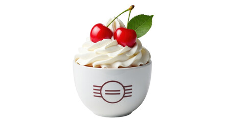 Isolated sweet dessert in a bowl with whipped cream and cherries; tasty treat, studio shot