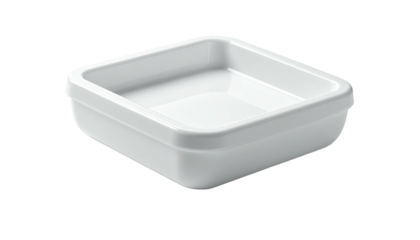 A white, square ceramic dish with slightly rounded edges sits on a black background