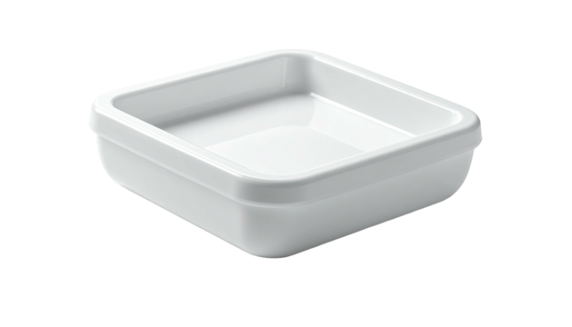 A white, square ceramic dish with slightly rounded edges sits on a black background