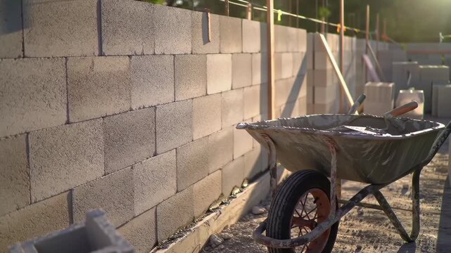 Construction site with wheelbarrow near concrete block wall. Masonry in progress