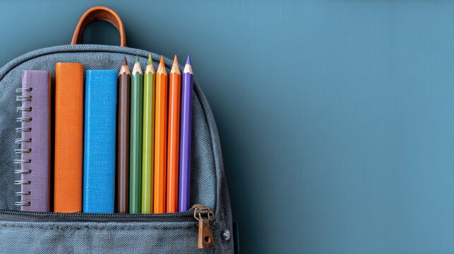 Backpack with school supplies on table over blurred educational interior - Powered by Adobe