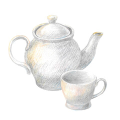 Hand drawn illustration with white teapot. Hand drawn colored pencil illustration on white background.