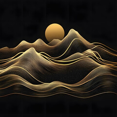 Abstract golden mountain landscape with a glowing orb at dawn