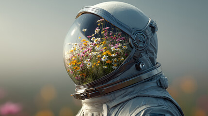 An astronaut is wearing a helmet filled with wildflowers, including daisies. The background is a blurred, soft-focus field of flowers in the sunshine.