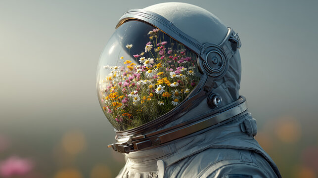 An astronaut is wearing a helmet filled with wildflowers, including daisies. The background is a blurred, soft-focus field of flowers in the sunshine. - Powered by Adobe