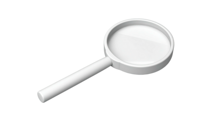 A 3D rendered white magnifying glass on a black background, angled from above