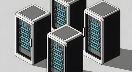 Isometric view of a cluster of computer server racks, representing data storage and cloud computing