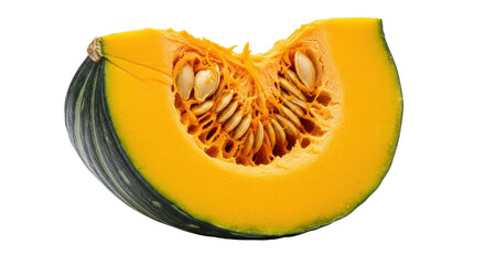 Isolated half of yellow pumpkin squash, revealing interior, seeds, and fibrous core, cut fresh