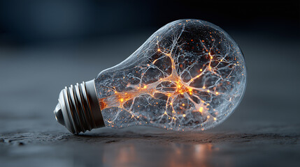 A lightbulb rests on a gray surface. Inside, branching, illuminated neuron connections are visible, suggesting concepts like ideas, innovation, or the human brain.