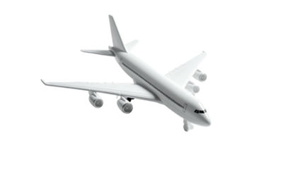 A sleek, all-white, four-engine jet airliner against a black background