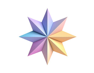 A geometric eight-pointed star with colorful, pastel-shaded facets on a black background