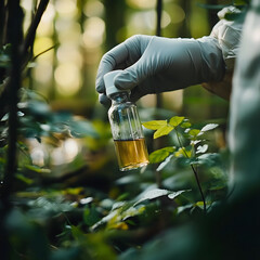 Scientist collecting liquid sample from plants in a forest for research