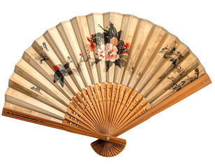 Ornate hand-painted fan, light beige/tan colored paper, floral & nature designs, dark ink accents