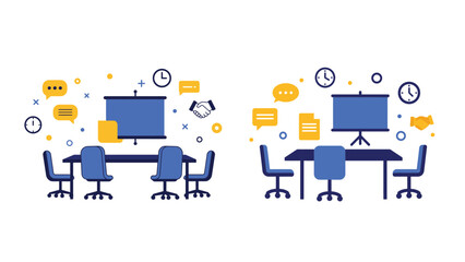 Business meeting table with chairs and board symbolizing teamwork and discussion