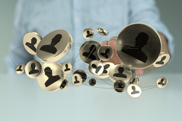 Businessman touching digital network of profile icons, illustrating connection, communication, and...