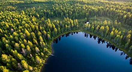 Aerial view of a tranquil forest lake surrounded by lush evergreen trees