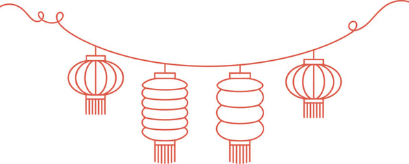 Minimalist red single line drawing of chinese lanterns string festive celebration decoration symbol