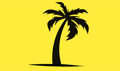 Palm tree silhouette icon on yellow background, tropical coconut tree vector symbol for summer, beach, vacation, nature, holiday, travel, and tropical design.