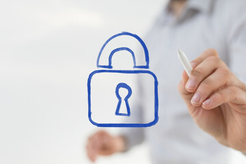 Hand drawing a blue padlock icon on a transparent screen, symbolizing digital security, online...