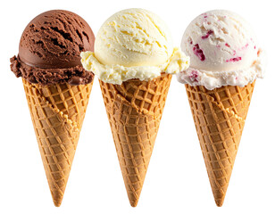 Three ice cream cones, chocolate, vanilla, and berry, in a horizontal row
