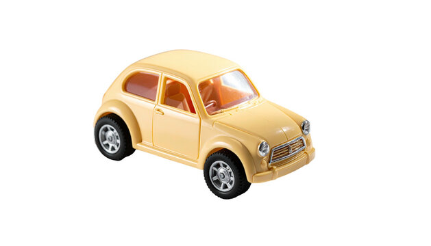 Toy car of a classic small vehicle with rounded edges, in a light yellow color