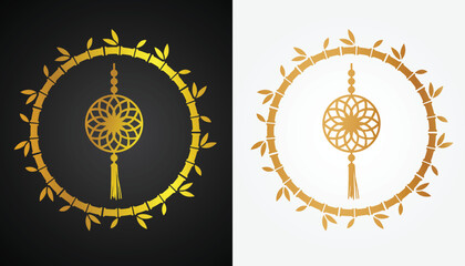 Vector image of Chinese lantern logo with beautiful and cool gold color variations with cool bamboo circle motif with black and white background for various design and branding purposes