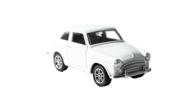 A white toy car, a vintage model, posed against a black background
