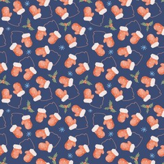 Seamless Watercolor Holiday Pattern with Red Winter Mittens, Christmas design, winter wallpaper