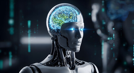 Futuristic artificial intelligence concept featuring a cyborg with a luminous brain and glowing eyes on a digital background