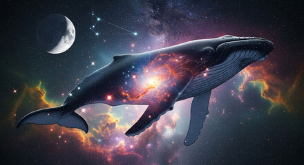 Whale in space nebula cosmic galaxy background illustration fantasy art wallpaper desktop hd aesthetic