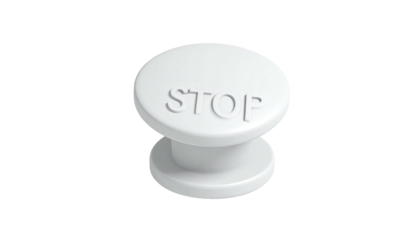 Isolated white push button with raised "STOP" text and cylindrical base