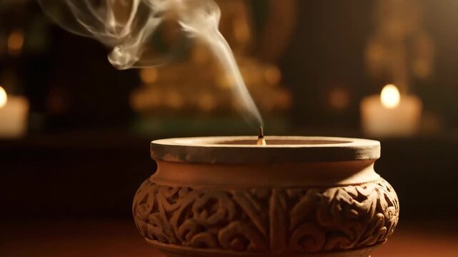 Ethereal Incense Smoke Rising from Ornate Vessel, Symbolizing Remembrance and Spirituality within a Warm Candlelit Setting for Cultural Traditions