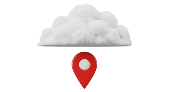 Isolated cloud floating above location pin, conceptual for geolocation in the cloud