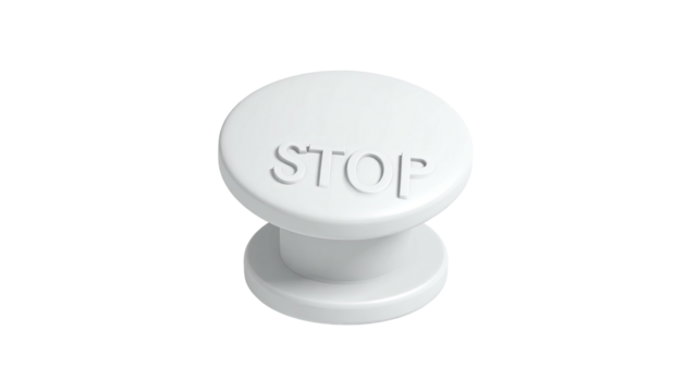 Isolated white push button with raised "STOP" text and cylindrical base