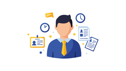 Professional employee avatar with ID, tasks, and working hours icons