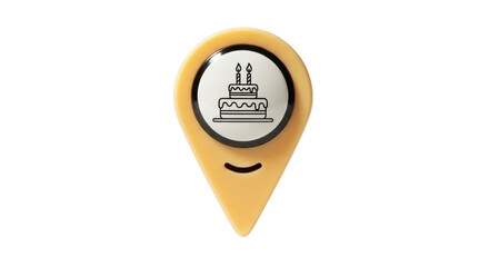 Isolated pinpoint icon with birthday cake, two burning candles, map marker for event, dessert