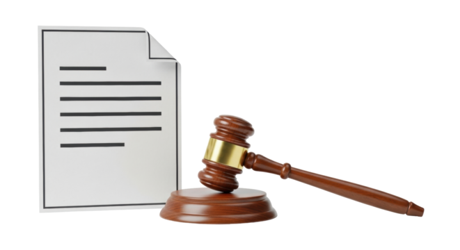 Isolated legal gavel and document represent law, court, justice and decision-making