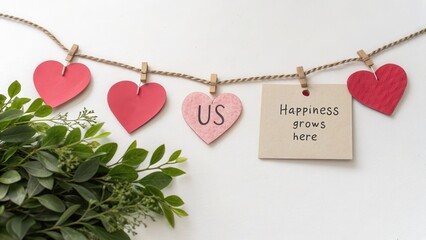 Paper Hearts and Happiness Note Hanging with a Green Leaf